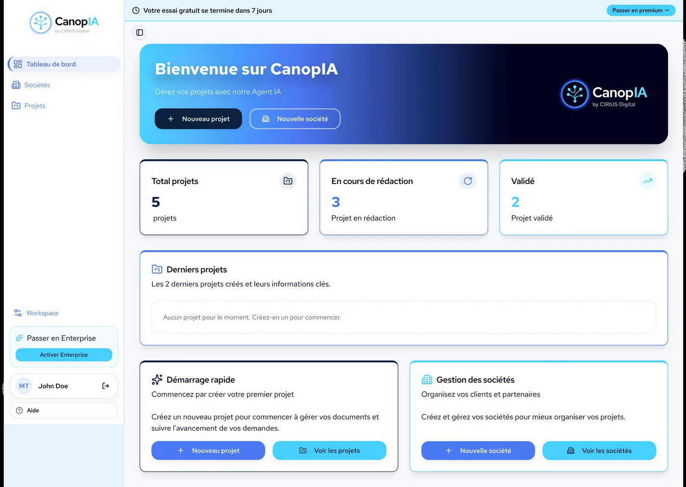 Interface de la plateforme CanopIA - Dashboard IA expert